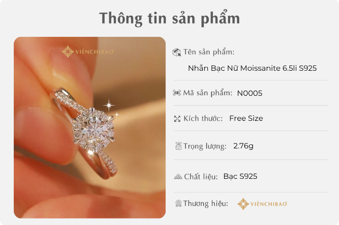 Nhẫn Bạc Nữ Đính Đá Moissanite 6li - Viễn Chí Bảo | N0005 1 D401097 Done 30
