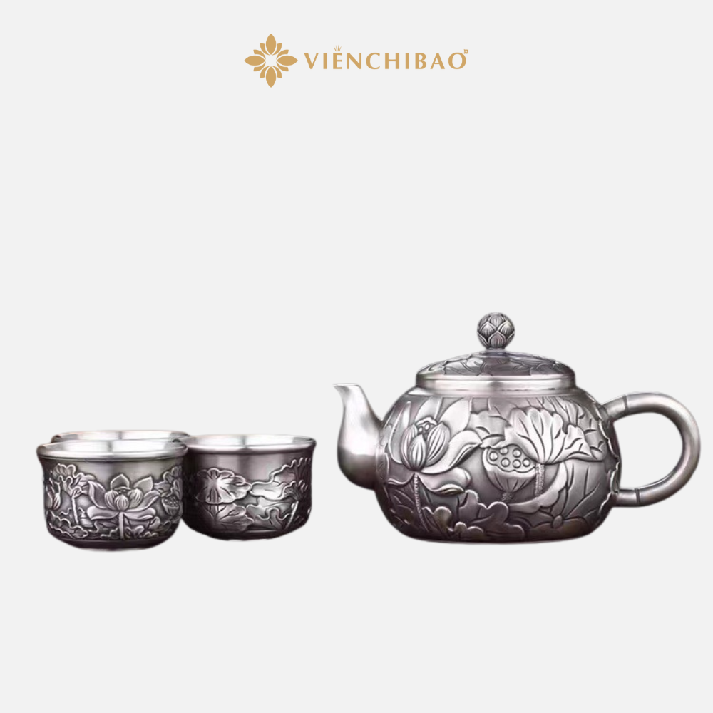 Bộ ấm trà liên hoa Bạc S999 (1 ấm 6 cốc) Viễn Chí Bảo