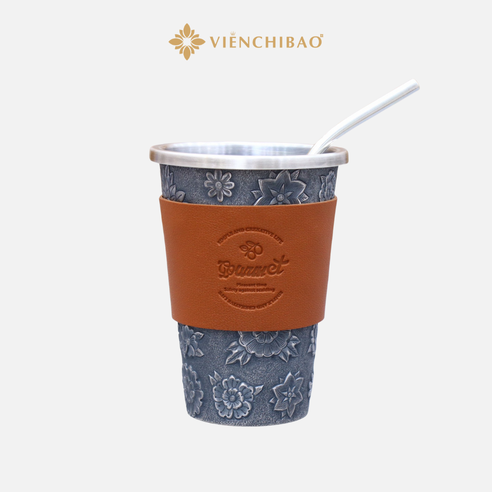 Cốc Đựng Nước Kèm Ống Hút và Nắp Đậy Bạc S999 Họa Tiết Hoa Cúc - Viễn Chí Bảo