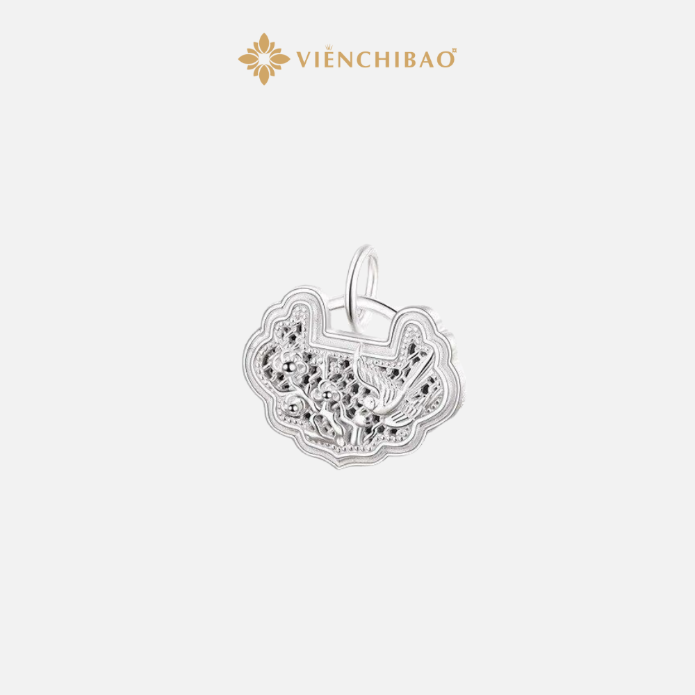 Charm Bạc S999 Hình Khóa Trường Mệnh Họa Tiết Chim Hoa Mai - Viễn Chí Bảo