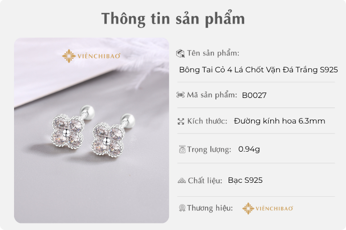 BÔNG TAI CỎ 4 LÁ CHỐT VẶN ĐÁ TRẮNG S925 - VIỄN CHÍ BẢO - B0027 1 D401097 Done 1 2