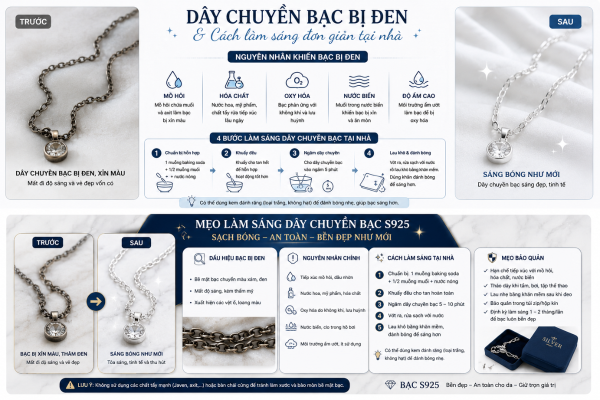 Dây chuyền bạc bị đen phải làm sao? Cách làm sáng hiệu quả tại nhà 2 dây chuyền bạc bị đen phải làm sao