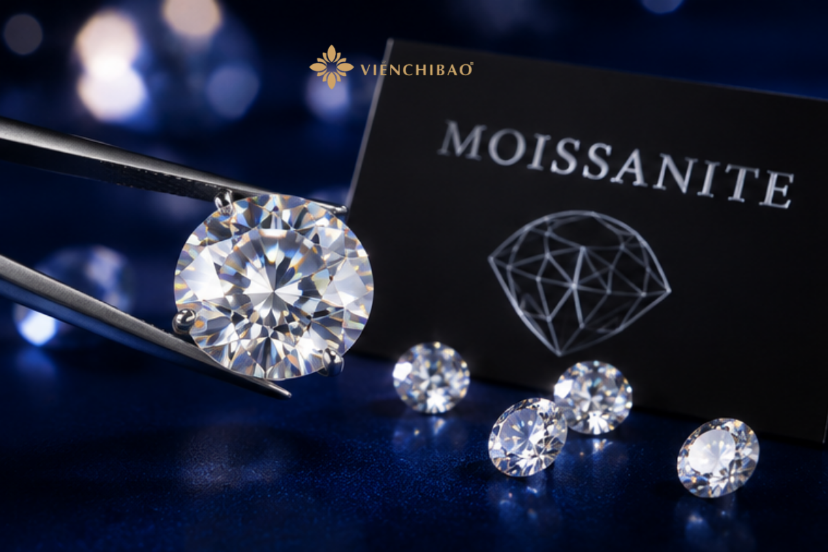 Moissanite Là Gì? Đặc Điểm, Độ Bền Và Kinh Nghiệm Chọn Đá Phù Hợp 1 Viên moissanite nổi bật với khả năng phản chiếu ánh sáng và tạo hiệu ứng lấp lánh đặc trưng.